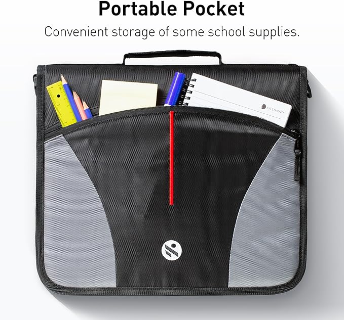 3-Inch Zipper Binder, Round Ring Binder with Handle and Shoulder Strap, Black
