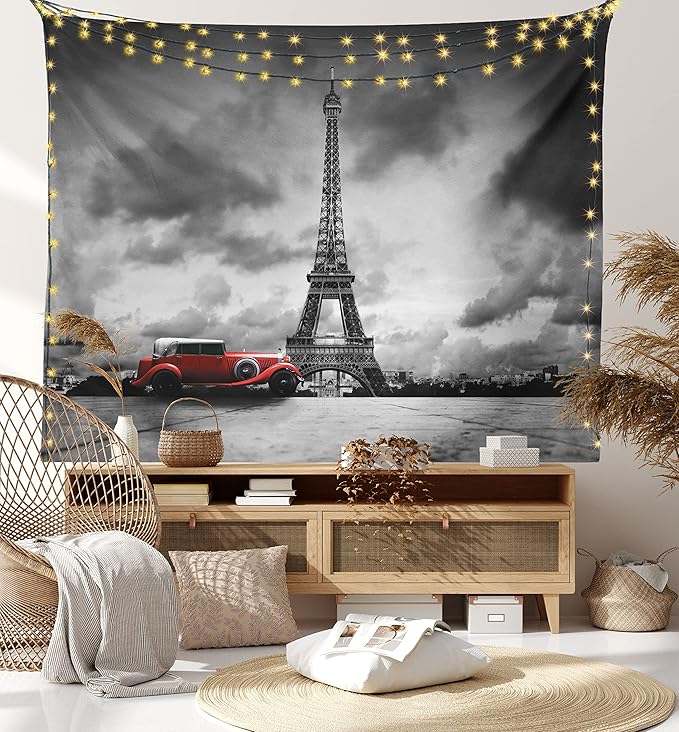 Ambesonne Eiffel Tower Tapestry King Size, Image of Eiffel Tower Paris France Vintage Car Street Dark Clouds, Wall Hanging Bedspread Bed Cover Wall Decor, 104" X 88", Black Red