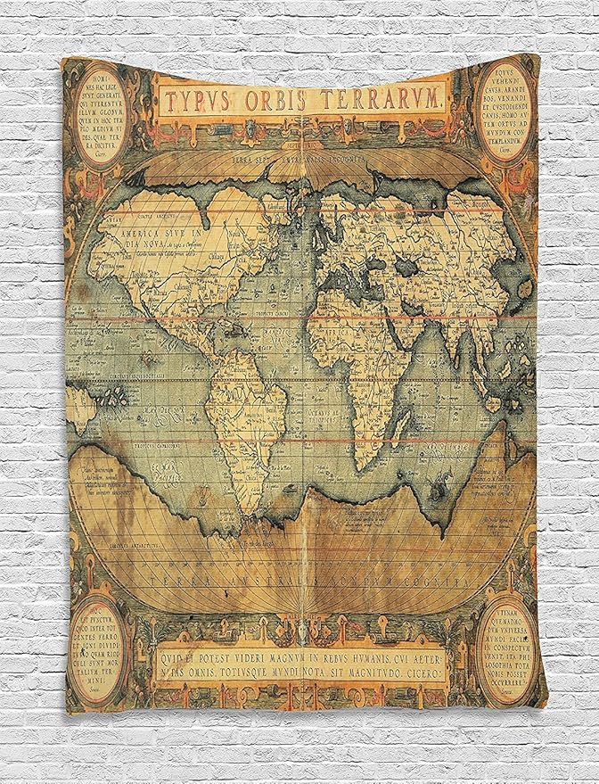 Ambesonne World Map Tapestry, Vintage Design Composition of 16th Century Atlas Print Travel Concept, Wall Hanging for Bedroom Living Room Dorm Decor, 60" X 80", Sand Brown Slate Blue
