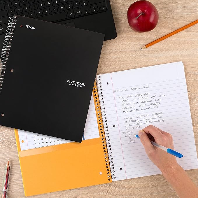 Five Star Spiral Notebook + Study App, 3 Subject, College Ruled Paper, 11" x 8-1/2", 150 Sheets, Assorted Colors, 3 Pack (820192)