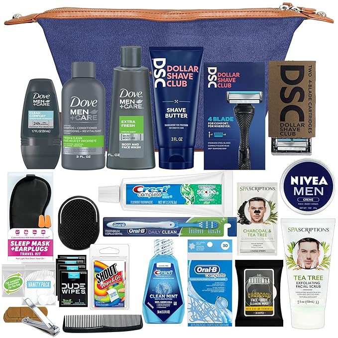 Convenience Kits International Men’s Super Premium 34 PC Travel Kit Featuring: Travel-Size Hair Care Products Plus Face, Body, Oral Care, Travel Essentials in Large Canvas Toiletry Bag (Navy)