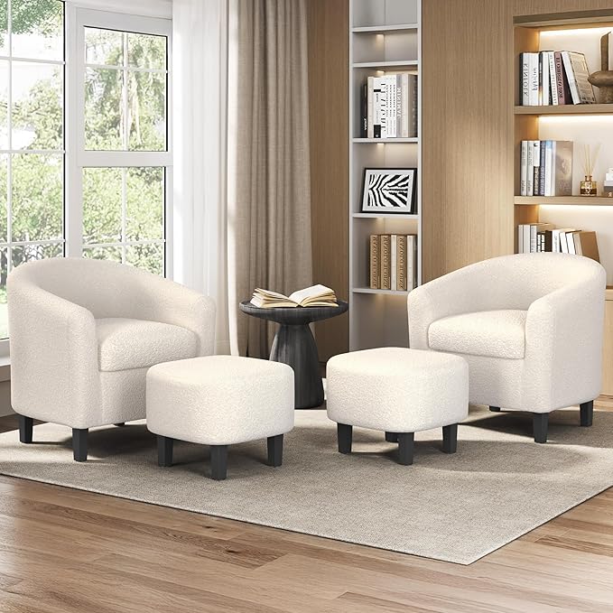 Yaheetech Accent Chair and Ottoman Set, Mid Century Boucle Fabric Barrel Chair and Comfy Fabric Footrest for Living Room/Bedroom/Reading Room, Ivory, 2 PCS