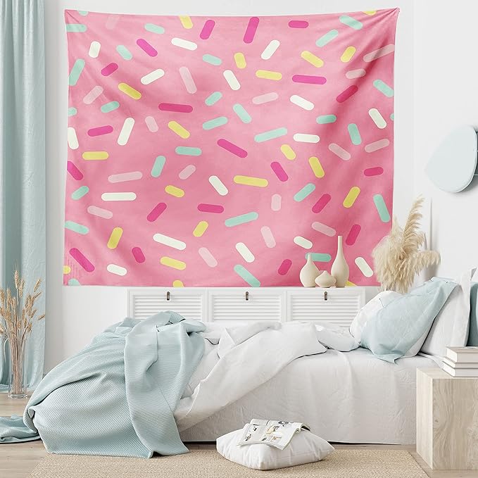 Ambesonne Pink and White Tapestry, Abstract Pattern of Colorful Donut Sprinkles Tasty Food Bakery Theme, Fabric Wall Hanging Decor for Bedroom Living Room Dorm, 45" X 30", Pink Yellow