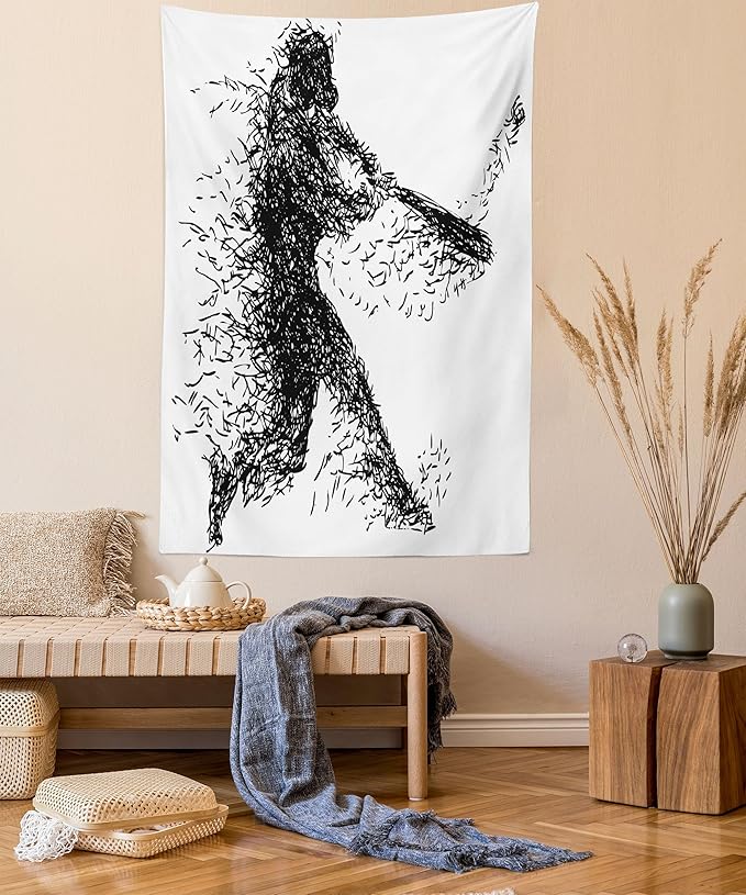 Ambesonne Black and White Tapestry, Abstract Illustration of a Baseball Player Posing Grunge, Fabric Wall Hanging Decor for Bedroom Living Room Dorm, 30" X 45", White Charcoal