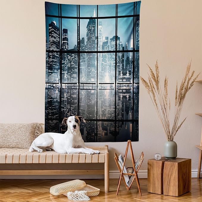 Ambesonne Modern Tapestry, Modern New York City Scenery at Night with Skyscrapers Buildings Print, Fabric Wall Hanging Decor for Bedroom Living Room Dorm, 30" X 45", Black Blue