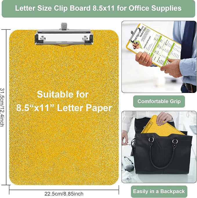 SFLHHDM Clear Glitter Clipboards, Plastic Clipboard with Pen Holder, Clip Boards 8.5x11 with Low Profile Clip, Cute Hanging Clip Board for Office School Supplies Sparkly Clipboard (Champagne Gold)