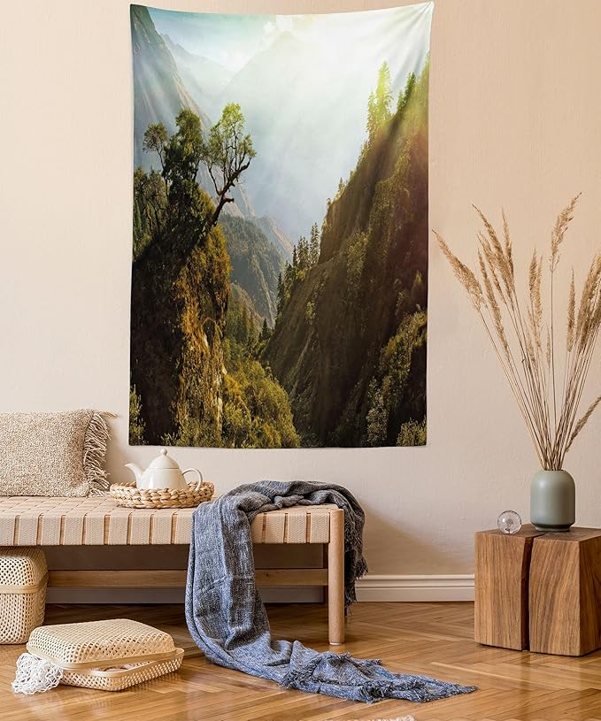 Ambesonne Landscape Tapestry, Forest Nepal Himalaya Mountains Sunlight Majestic Scenery Nature Photo, Fabric Wall Hanging Decor for Bedroom Living Room Dorm, 23" X 28", Green Pale Yellow