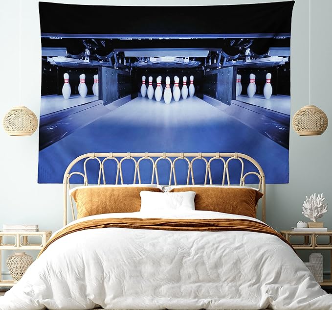 Ambesonne Bowling Party Tapestry Queen Size, Symmetrical Bowling Pins on an Empty Alley Hobby Fun Challenge Theme, Wall Hanging Bedspread Bed Cover Wall Decor, 88" X 88", Blue White Red