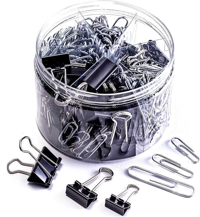 Officemate 340 Assorted Paper Clips and Binder Clips, Re-usable Storage Tub, Silver/Black (31040)
