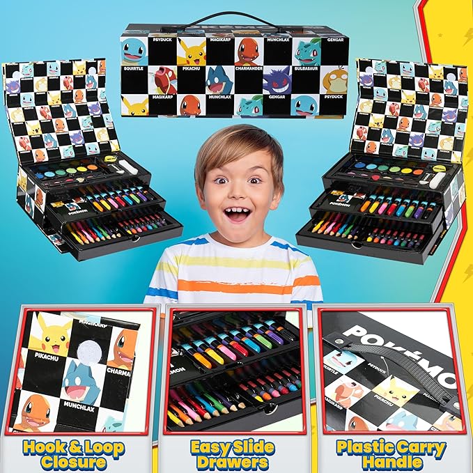 Pokemon Art Set for Boys Girls Drawing Painting Kit Markers Crayons Colored Pencils School Supplies Anime Gifts for Kids (Black)