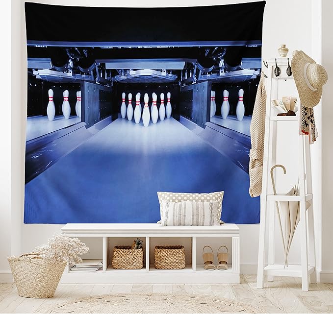 Ambesonne Bowling Party Tapestry King Size, Symmetrical Bowling Pins on an Empty Alley Hobby Fun Challenge Theme, Wall Hanging Bedspread Bed Cover Wall Decor, 104" X 88", Blue White Red