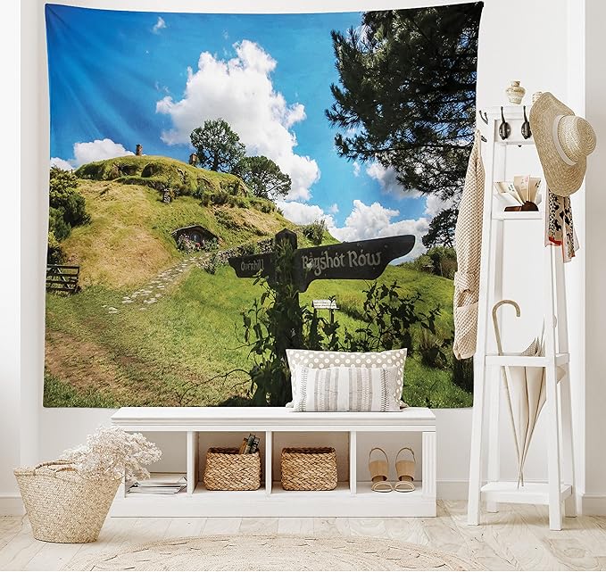 Ambesonne Hobbits Tapestry, Overhill Hobbit Village in Matamata New Zealand Fantasy Scene House Image Print, Fabric Wall Hanging Decor for Bedroom Living Room Dorm, 45" X 30", Green Blue