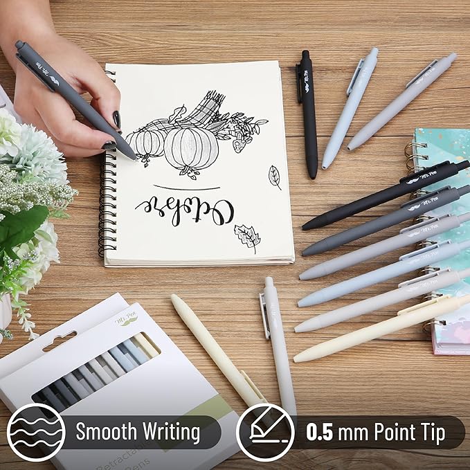 Mr. Pen- Retractable Gel Pens, 12Pack, Black Ink, Monochrome Elegance Barrel Gel Pens Fine Point 0.5mm, Gel Ink Pens Aesthetic Pens for Journaling Fine Tip Pens