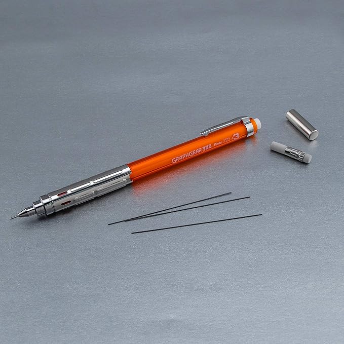 Pentel Arts GraphGear 300 Mechanical Pencil, (0.3mm) Extra-fine line, Orange Barrel, w/small block eraser + 1 lead tube