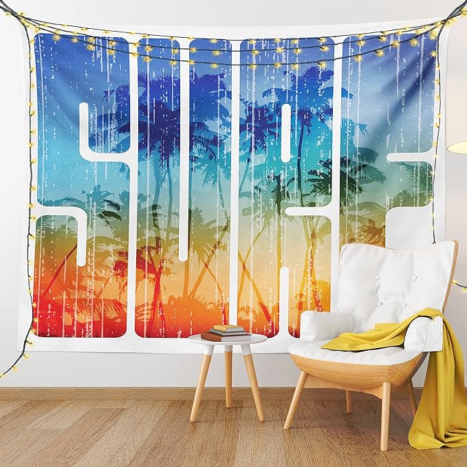 Ambesonne Surf Tapestry, Summer Theme Retro Letters That Reflect the Seacoast Palm Tree Extreme Sports Art, Fabric Wall Hanging Decor for Bedroom Living Room Dorm, 23" X 28", Navy Orange