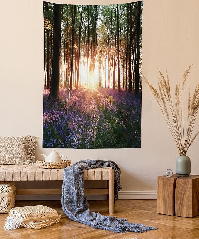 Ambesonne Forest Tapestry Twin Size, Bluebell Woods Sunrise with White Rabbit Sunny Spring Day in Woodland, Wall Hanging Bedspread Bed Cover Wall Decor, 68" X 88", Purple Green