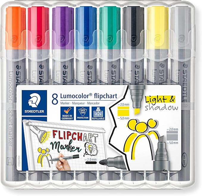 STAEDTLER Lumocolor Flipchart Marker: Set of 8, Assorted Colors, Bullet Tip 2.0mm & Chisel Tip 5.0mm - Ideal for Paper, Non-Bleed, Quick Dry & Low-Odor - For Home, School & Office