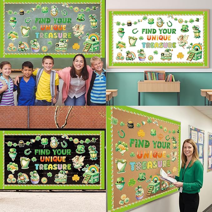 Fancy Land St. Patrick's Day Bulletin Board Set for Classroom Decorations Irish Shamrock Rainbow Gold Coin Pot Cutouts for Chalkboard Home Office Wall Door Decor 69Pcs