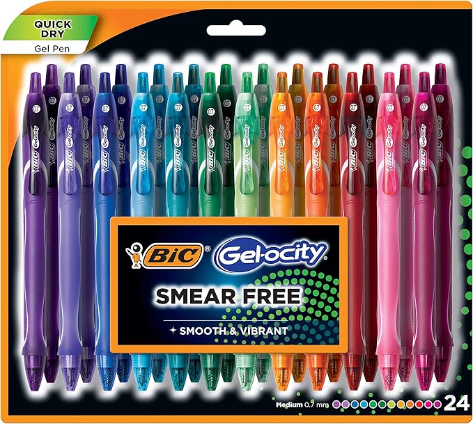 BIC Gelocity Quick Dry Gel Pen with Fast Drying Ink and Comfortable Grip, Assorted colors, 0.7 mm Medium Point, 24 Pack