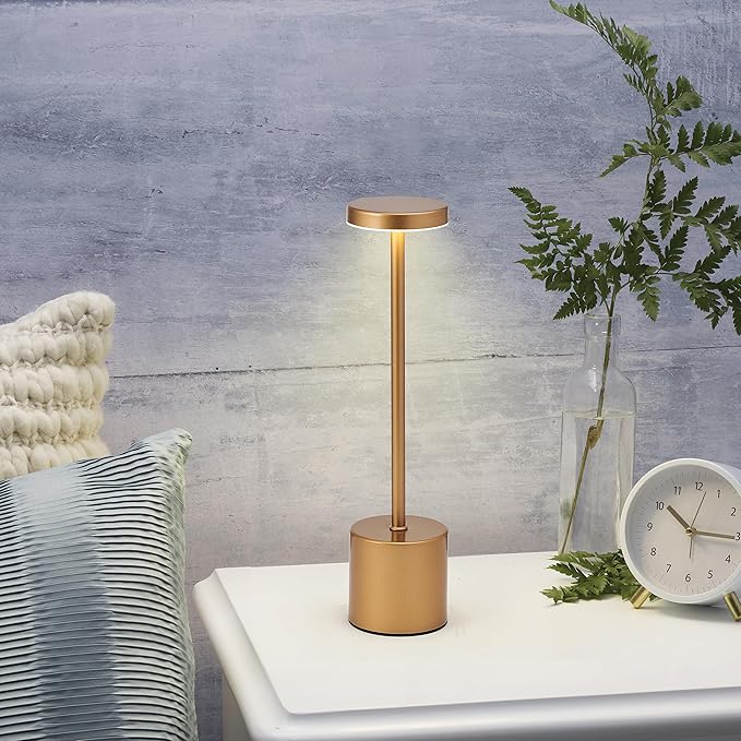 Mikasa 13.3 Inch LED Rechargeable Lamp with Touch Control - Cordless Table Lamp with Stepless Dimming, 3 Color Temperature Modes, 54 LED Lights, 48-Hour Battery Life, Gold Finish Desk Lamp