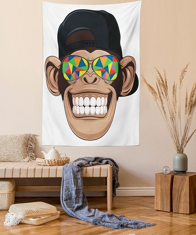 Ambesonne Cartoon Tapestry, Fun Hipster Monkey with Colorful Sunglasses and Hat Rapper Hippie Ape Art, Fabric Wall Hanging Decor for Bedroom Living Room Dorm, 23" X 28", White Brown