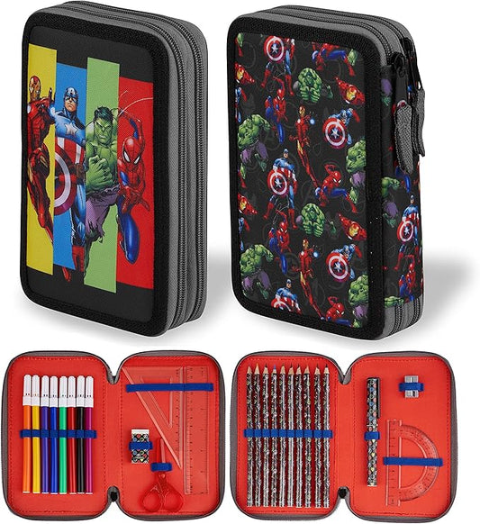 Marvel Boy's Pencil Case, Pencil Case with Compartments Filled School Supplies, Felt, Coloured Pencil, Spiderman Avengers Back to School Gift