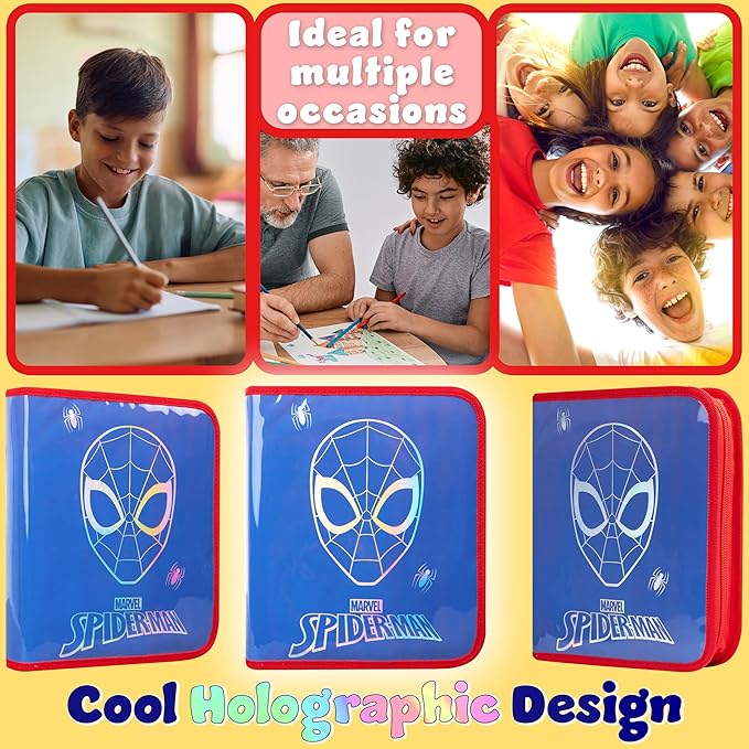 Marvel Spiderman Pencil Case with Colored Pencils Markers School Supplies Set Pen Holder Stationery Art Kit Gifts for Boys (Blue)