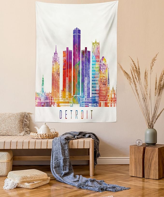 Ambesonne Detroit Tapestry, Vibrant Colored Abstract Skyscrapers Modern Architecture Watercolor Style Landmarks, Fabric Wall Hanging Decor for Bedroom Living Room Dorm, 23" X 28", Ivory