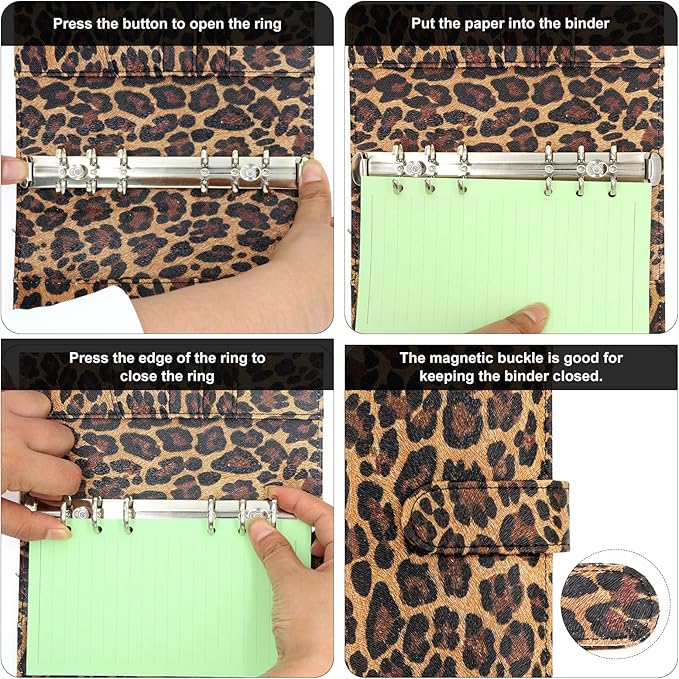 A6 Refillable 6 Ring Faux Leather Budget Binder,Mini Notebook Binder Cover for A6 Filler Paper,Loose Leaf Personal Planner Cover with Magnetic Buckle Closure (Leopard)