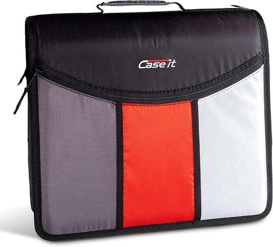Case-it The Mighty Zip Tab Zipper Binder - 3 Inch O-Rings - 5 Color Tab Expanding File Folder - Multiple Pockets - 600 Sheet Capacity - Comes with Shoulder Strap - Jet Black D-156-N