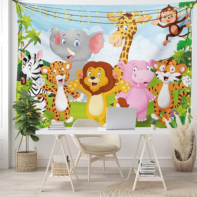 Ambesonne Cartoon Tapestry, Comic Savannah Animals Playful Friendly Savannah Jungle Happy Wildlife Nature, Fabric Wall Hanging Decor for Bedroom Living Room Dorm, 45" X 30", Green Brown