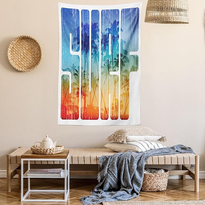 Ambesonne Surf Tapestry Twin Size, Summer Theme Retro Letters That Reflect the Seacoast Palm Tree Extreme Sports Art, Wall Hanging Bedspread Bed Cover Wall Decor, 68" X 88", Navy Orange