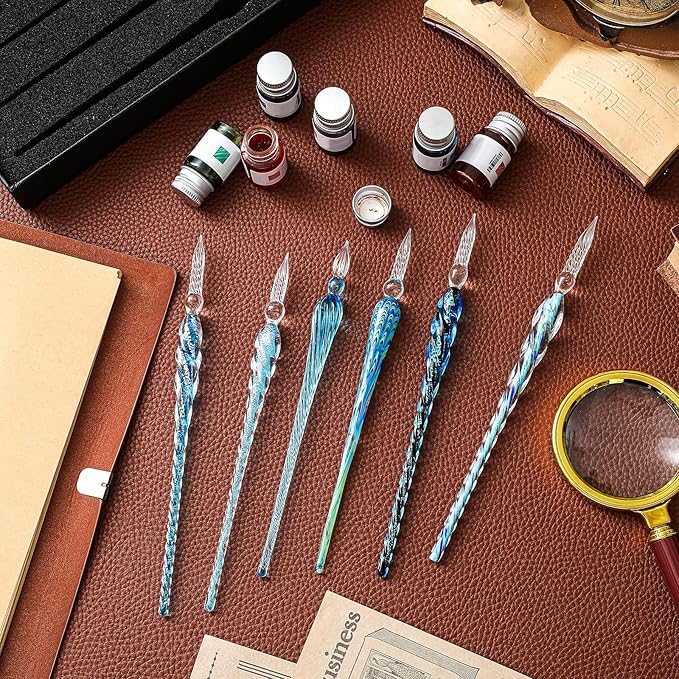 Zonon Glass Dipped Pen Ink Set 14 Pcs Include 6 Pcs Glass Dip Pen, 6 Colorful India Ink and 2 Holder Crystal Signature Calligraphy for Art, Writing, Gift(Blue Color System)
