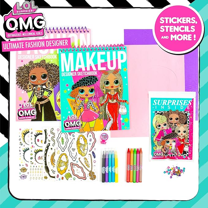 LOL Surprise! OMG Flawless Fashion Sketchbook by Horizon Group USA, DIY Craft Kit, Learn Pattern Making & Drawing, Includes Sketchbook, Stencils, Art Pages, Repositionable Stickers & More