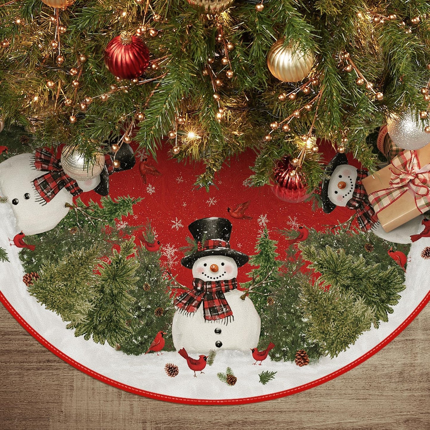 AVOIN colorlife Cardinals Cedar Snowman with Scarf Christmas Tree Skirt, Xmas Winter Holiday Party Tree Mat Indoor Outdoor Decoration 36 Inch