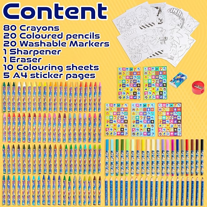Sonic The Hedgehog Colored Pencils Art Supplies 130+ pcs Drawing Kit School Supplies Girls Drawing Pencils Art Kit Travel Case with Crayons Arts and Crafts for Kids 4-12