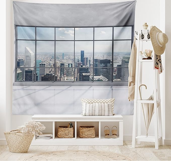 Ambesonne City Tapestry King Size, Clean Office with Big Window Downtown Skyscraper Buildings Domestic Cityscape Art, Wall Hanging Bedspread Bed Cover Wall Decor, 104" X 88", Grey White