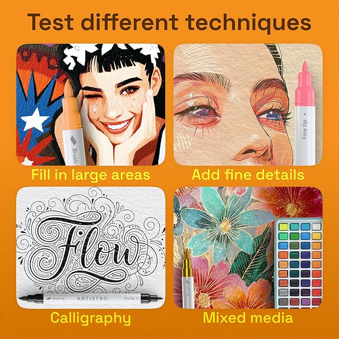 ARTISTRO 24 Acrylic Paint Markers - Paint Pens for Calligraphy, Brush + Fine Tips - For Fabric, Rock, Glass, Wood, DIY, Craft, Canvas - Art and Craft Supplies for Adults, Teens, Kids
