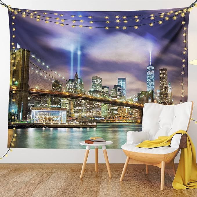 Ambesonne Landscape Tapestry, Manhattan Skyline with Brooklyn Bridge and Towers in NYC United States America, Fabric Wall Hanging Decor for Bedroom Living Room Dorm, 45" X 30", Purple Green