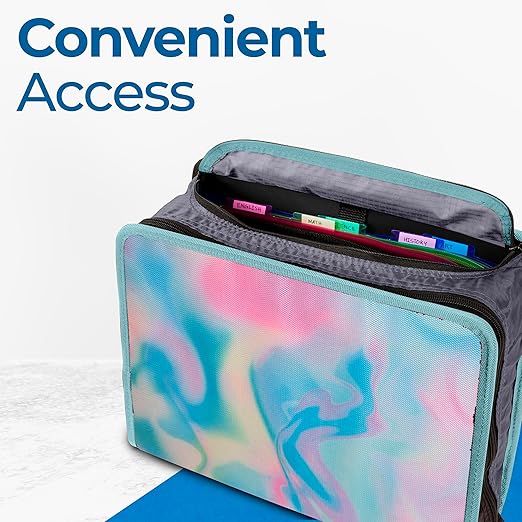 Case-it Mighty Zip Tab School Zipper Binder | 3-Inch O-Rings, 600-Sheet Capacity, 5-Subject Expanding File Folder, Multiple Pockets & Storage Organizer, Shoulder Strap | D-146 Aqua Iridescent Pastel