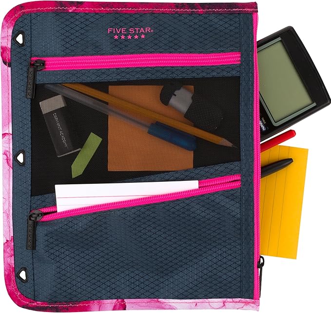 Five Star Pencil Pouch, Pen Case, 3-Pocket Zipper Pouch, Fits 3-Ring Binder, Storage Organizer for Classroom Supplies Earbuds Chargers Cables Makeup, Navy/Pink (506420B-ECM)