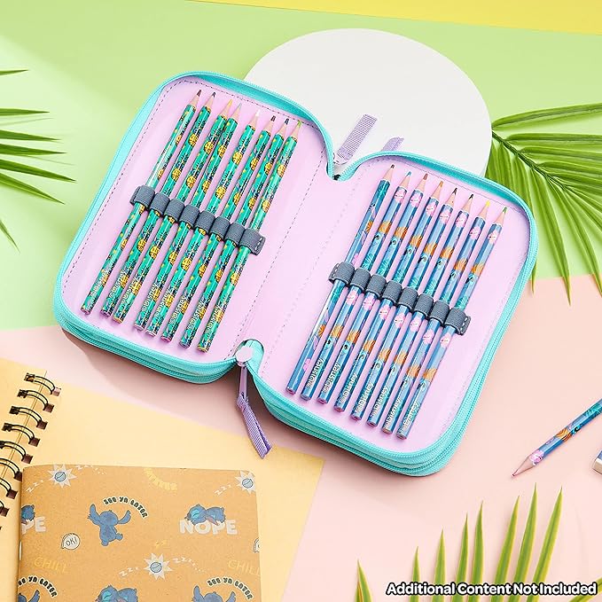 Disney Stitch Filled Pencil Case with Colored Pencils, Markers, Gifts for Girls Kids, Stationery School Art Supplies Pouch Holder Organizer (Multi Stitch Triple Zip)