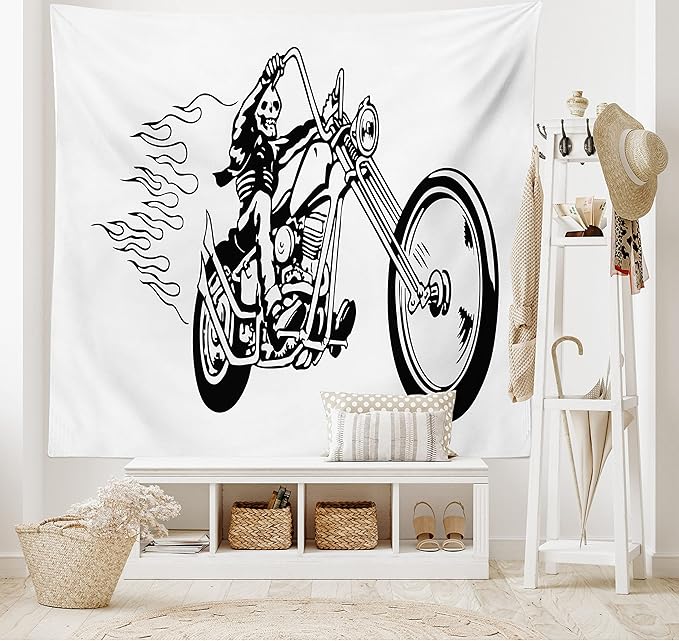 Ambesonne Motorcycle Tapestry, Cool and Dangerous Flaming Death Ride Fearless Skeleton Fantasy Items, Fabric Wall Hanging Decor for Bedroom Living Room Dorm, 45" X 30", Charcoal Grey White