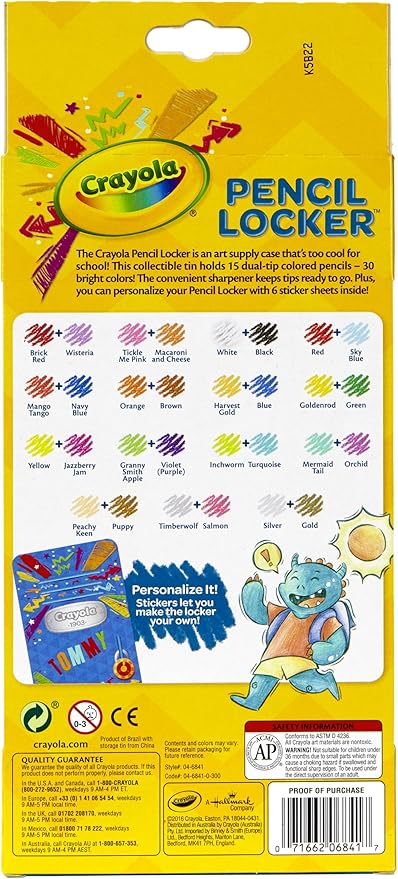Crayola Colored Pencil Locker, 15 Dual-Tip Pencils, 30 Colors, Multicolor, (Model: 04-6841)