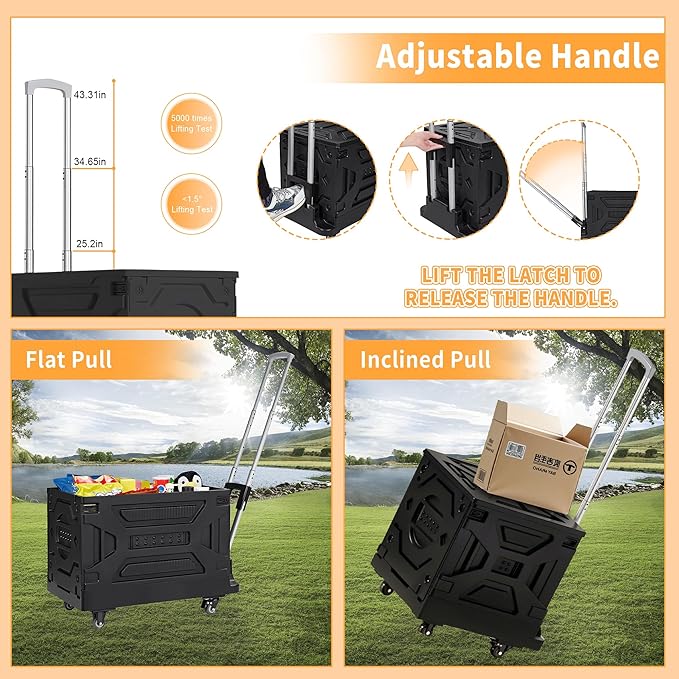 VECELO Foldable Shopping Cart with Wheels, Collapsible Rolling Crate for Groceries, Folding Storage Box with Handle, Three Modes of Use, Ideal for Teacher, Trip, Outdoors, Etc., 23GAL,Black