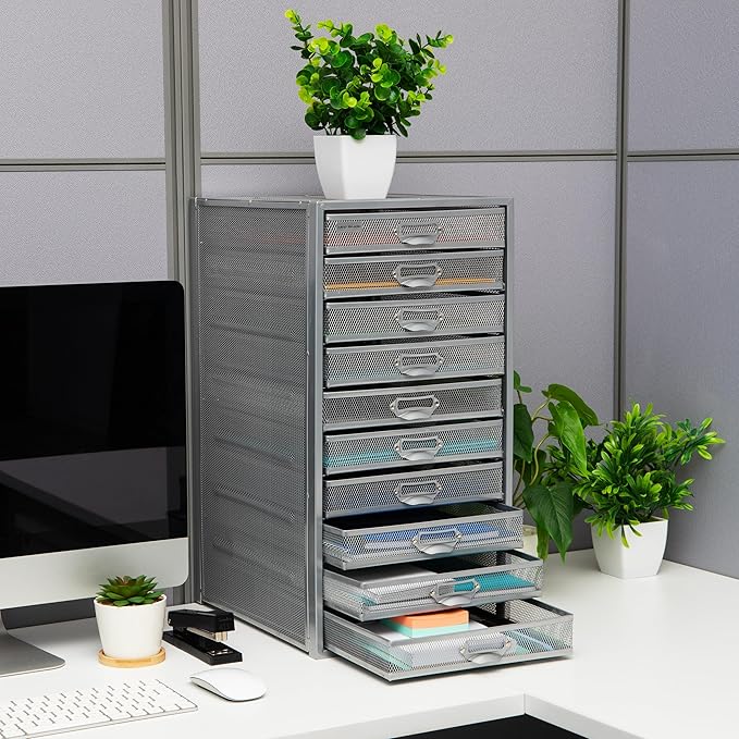 Mind Reader 10-Drawer Desk Organizer for Office Supplies, Crafts, Mail Sorting & More, Metal Mesh, 10.75"L x 14"W x 21.25"H, Silver