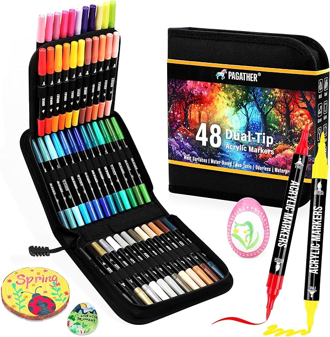 48 Colors Acrylic Paint Markers, Dual Tip with Fine Tip and Brush Tip Pens for Stone, Wood, Calligraphy, Canvas, Ceramic, Metal, Glass, Rock Painting, DIY Crafts Art Supplies Kit