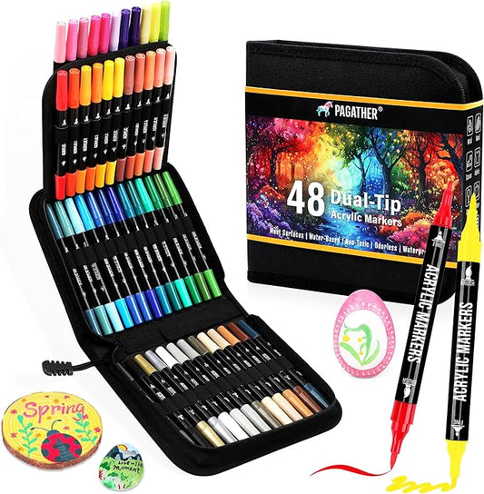 48 Colors Acrylic Paint Markers, Dual Tip with Fine Tip and Brush Tip Pens for Stone, Wood, Calligraphy, Canvas, Ceramic, Metal, Glass, Rock Painting, DIY Crafts Art Supplies Kit