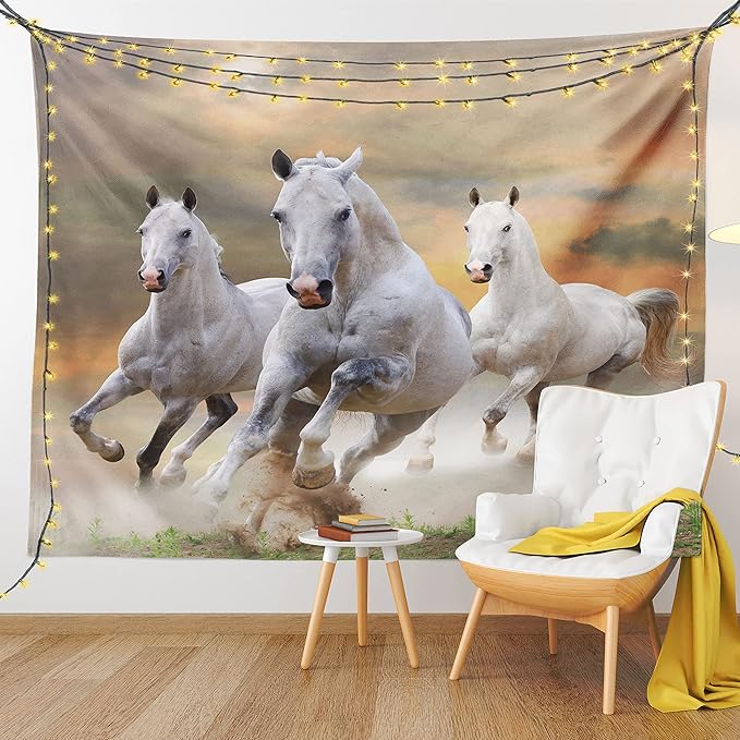 Ambesonne Horses Tapestry, Stallion Horses Running on a Mystic Sky Background Male Champions Print, Wall Hanging for Bedroom Living Room Dorm Decor, 40" X 60", White Orange