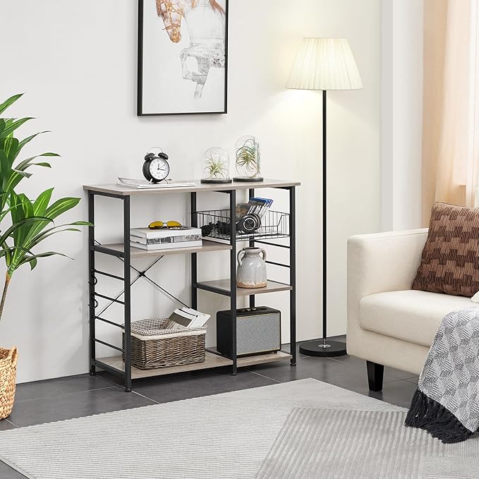 Yaheetech Kitchen Bakers Rack with Wire Basket, Coffee Bar Table Station Microwave Oven Stand Kitchen Utility Storage Shelf with 6 S-Shaped Side Hooks, Metal Frame, 15''D x 35.5''W x 33''H, Gray